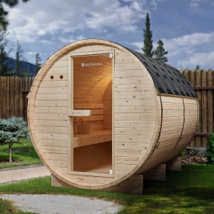 Artsauna Fasssauna Spitzbergen für 6 Personen mit 8 kW Ofen. Outdoor Sauna aus Fichtenholz mit Glastür und Bitumendach.