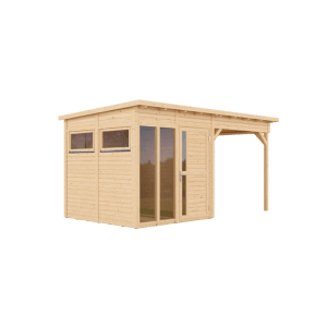 Bertilo Elementgartenhaus Pentus 2 mit Lounge-Anbau, Naturholz und Fenster.