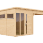 Bertilo Elementgartenhaus Pentus 2 mit Lounge-Anbau, Naturholz und Fenster.