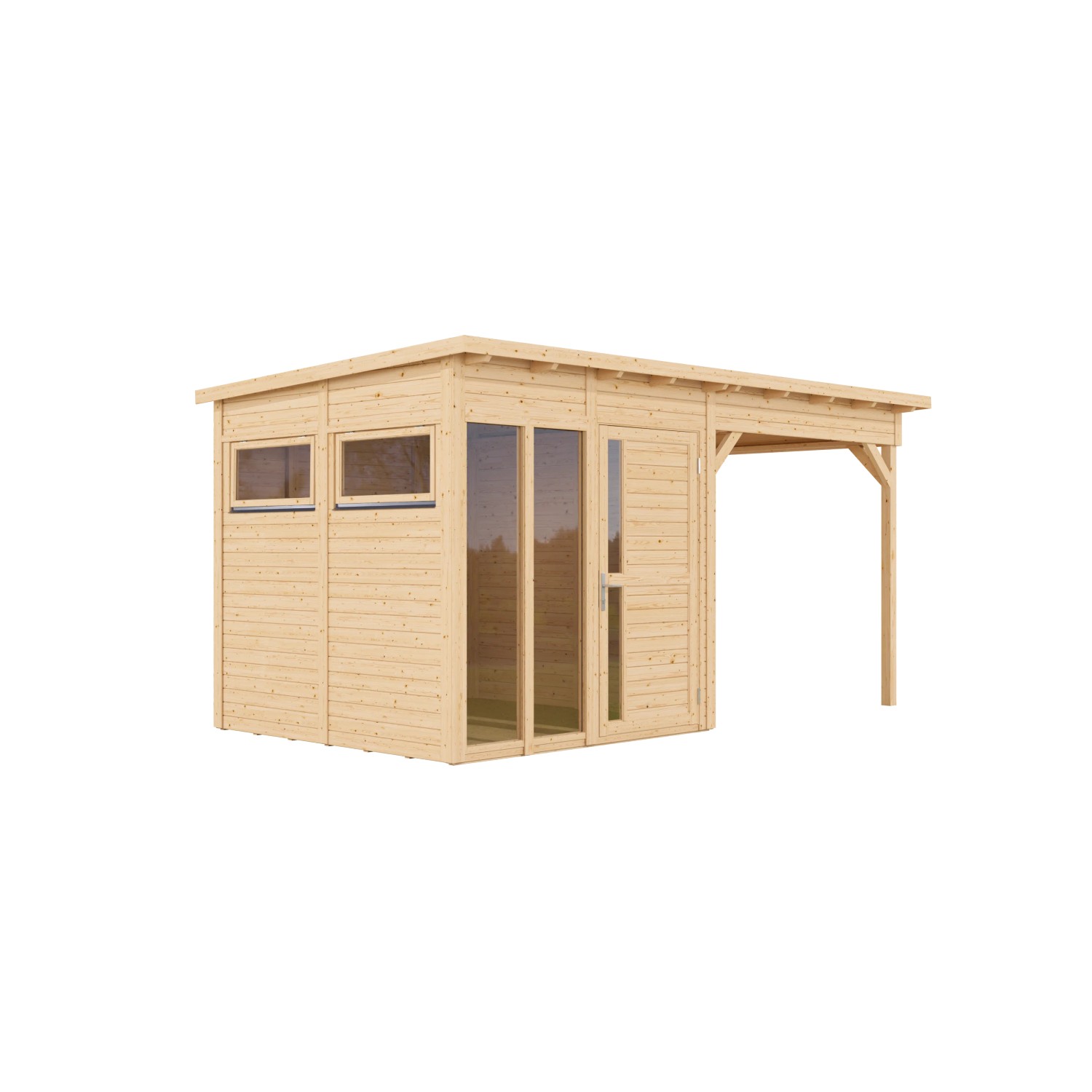 Bertilo Elementgartenhaus Pentus 2 mit Lounge-Anbau, Naturholz und Fenster.