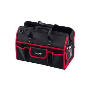 PARAT BASIC Tool Softbag M Werkzeugkoffer: Schwarze Werkzeugtasche mit roten Akzenten und vielen Fächern.