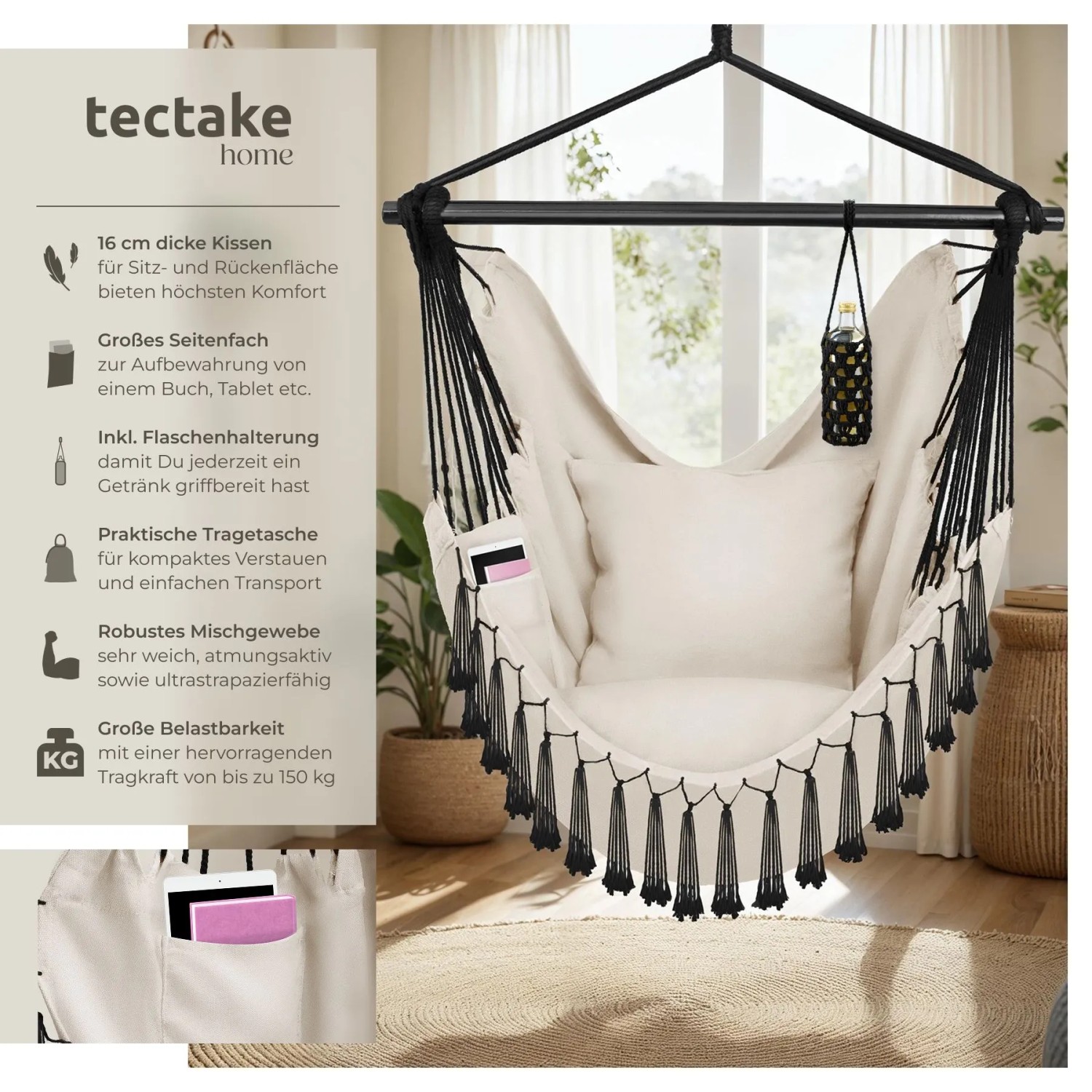 Beiger Hängesessel mit dicken Kissen, Bücherfach und Flaschenhalterung von Tectake.
