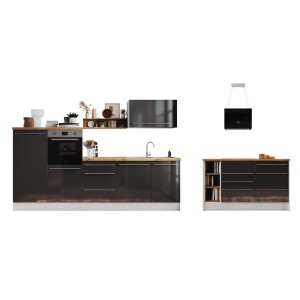 Respekta Inselküche Gabriel 290 cm Grau Hochglanz mit E-Geräten und Inselhaube.