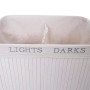 Weißer MCW Wäschekorb mit zwei Fächern und Aufschrift 'Lights Darks'.
