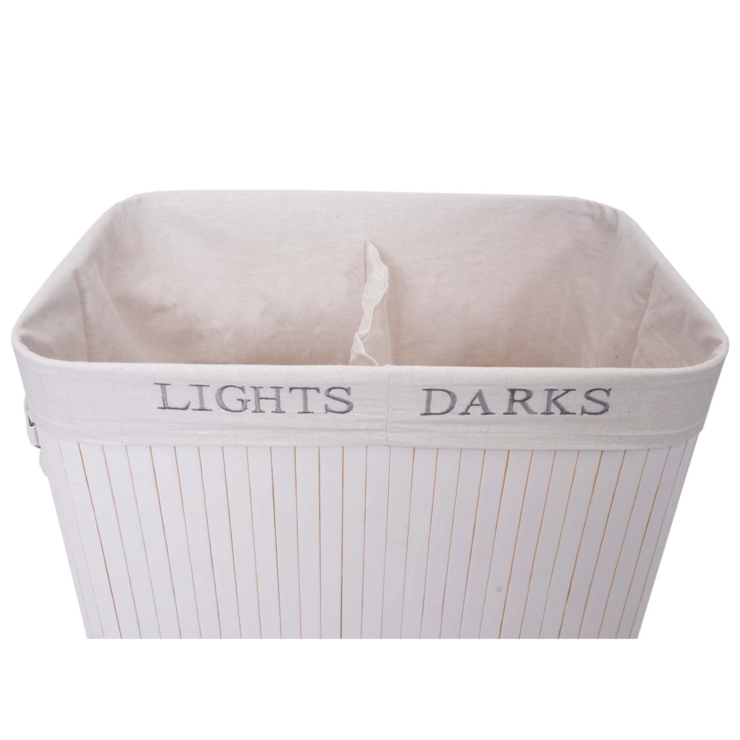 Weißer MCW Wäschekorb mit zwei Fächern und Aufschrift 'Lights Darks'.