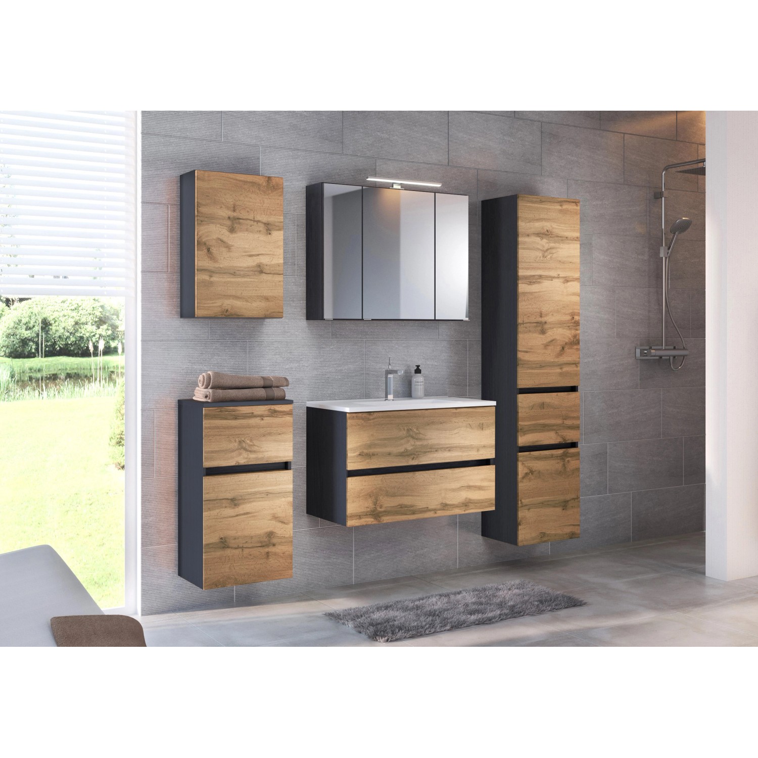 Held Möbel Waschtisch-Set Bari, 80 cm, Wotaneiche/Graphitgrau, mit Spiegelschrank und Mineralgussbecken.