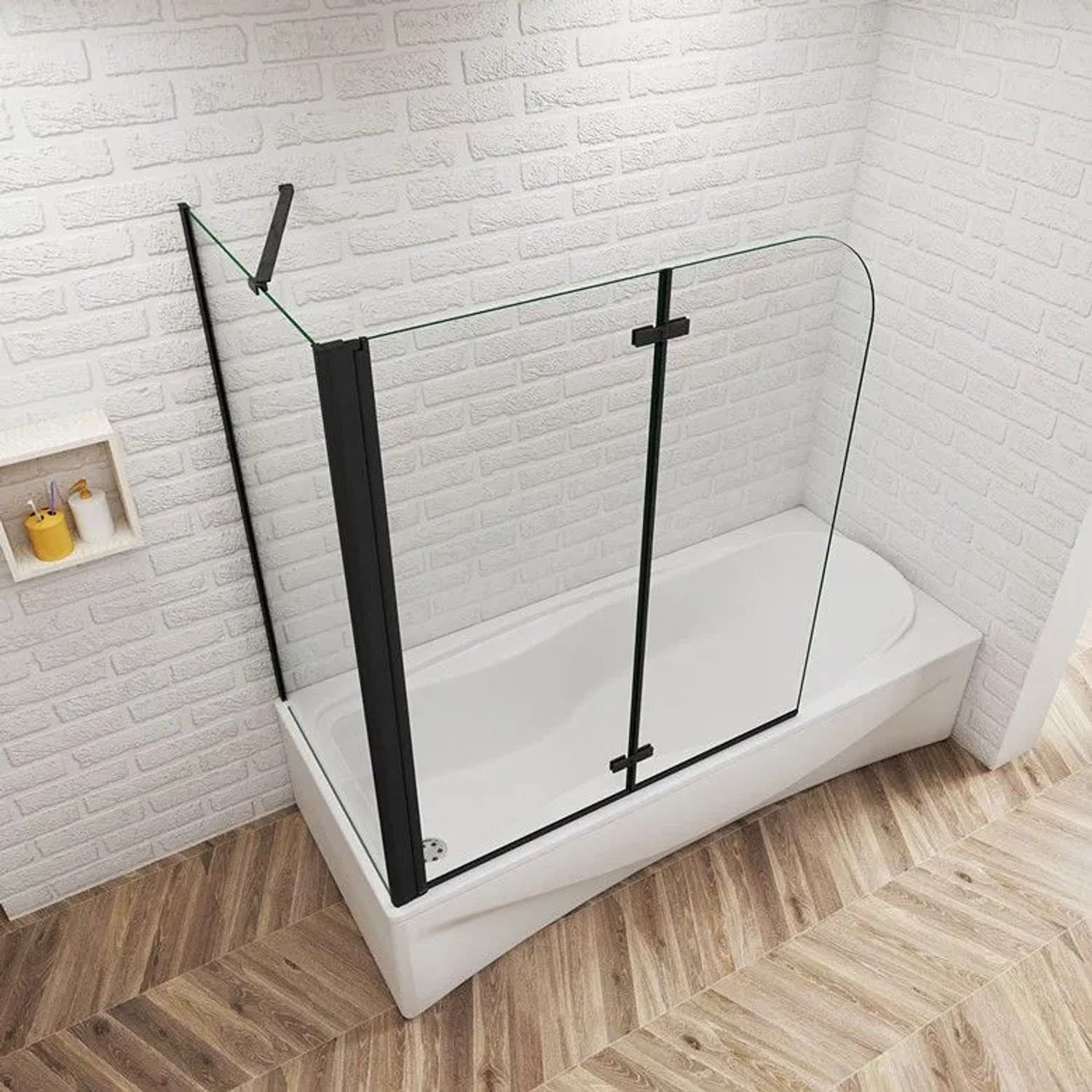 Schwarzer 2-teiliger Badewannenaufsatz 110x140 cm mit Seitenwand aus Glas für die Dusche.