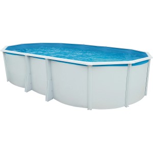 Ovaler Steinbach Stahlwand-Pool Highline, 640x366x132 cm, mit blauem Wasser und weißer Stahlwand.
