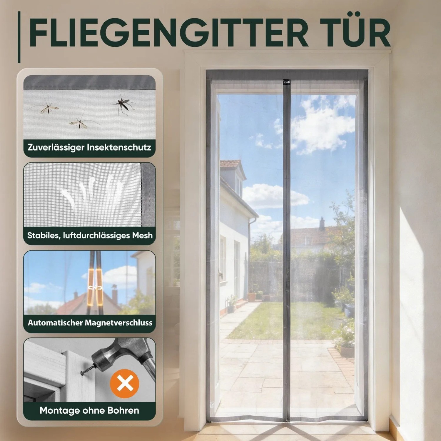 Sekey Fliegengitter Tür mit Magnetverschluss, Insektenschutz für Balkon- und Terrassentür, 100x210 cm.