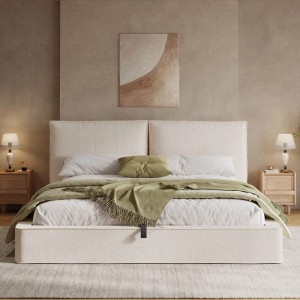 Beiges Merax Polsterbett 180x200 cm aus Bouclé-Stoff mit gepolstertem Kopfteil und Stauraum.