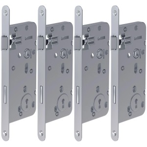 4er Set Basi Einsteck-Zimmertürschlösser, Buntbart, Stulp 18mm abgerundet, DIN R/L verwendbar.