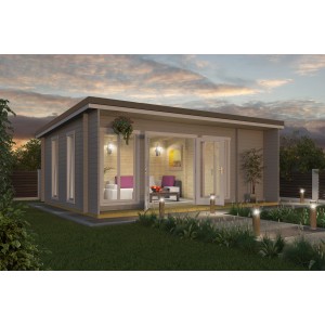 Lichtgraues Lasita Maja Gartenhaus Japan mit Doppeltür und Pultdach.