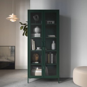 Moderne, flaschengrüne JAN NOWAK Vitrine ANGELO (185 cm) mit Glastüren, als Wohnzimmerschrank.