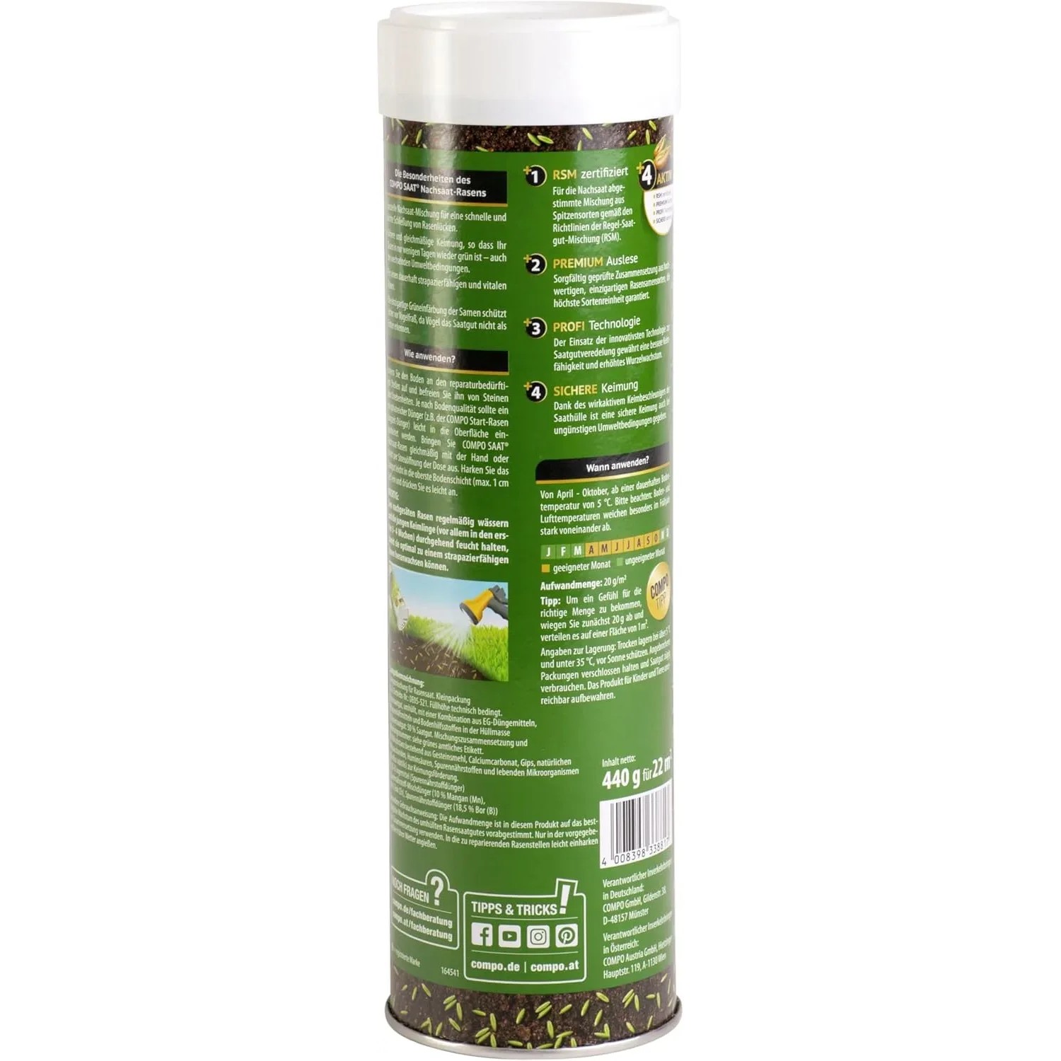 Compo Saat Rasen-Nachsaat 440g Dose für schnelle Rasenreparatur.