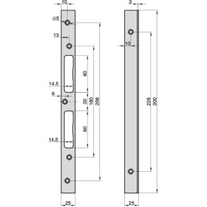 Technische Zeichnung: Basi Sicherheitswinkelschliessblech SWS 955, verzinkt, kantig, 300x25x25x3 mm.
