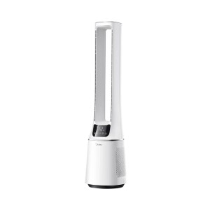 Weißer Midea Turmventilator mit Luftreiniger und digitaler Anzeige.