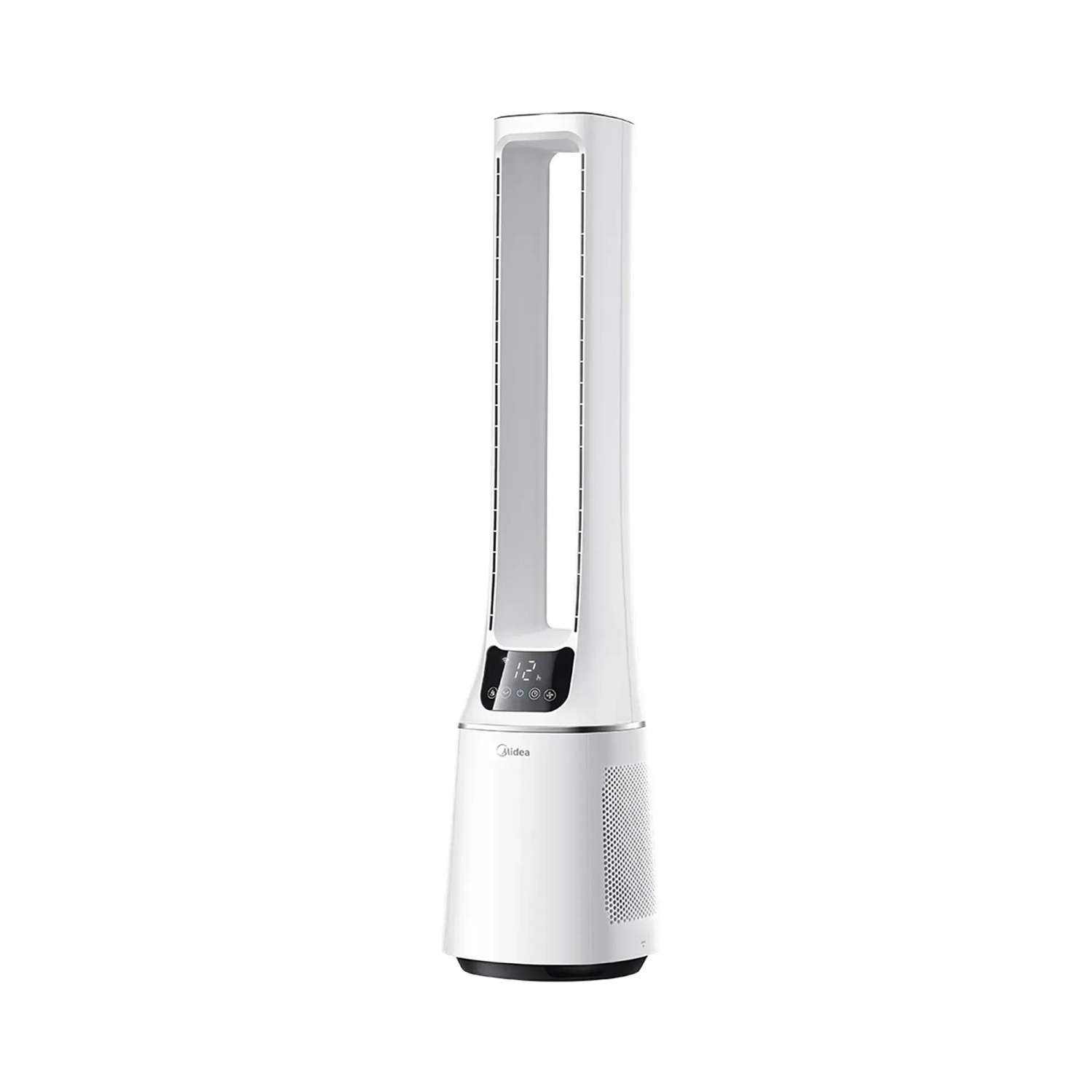 Weißer Midea Turmventilator mit Luftreiniger und digitaler Anzeige.