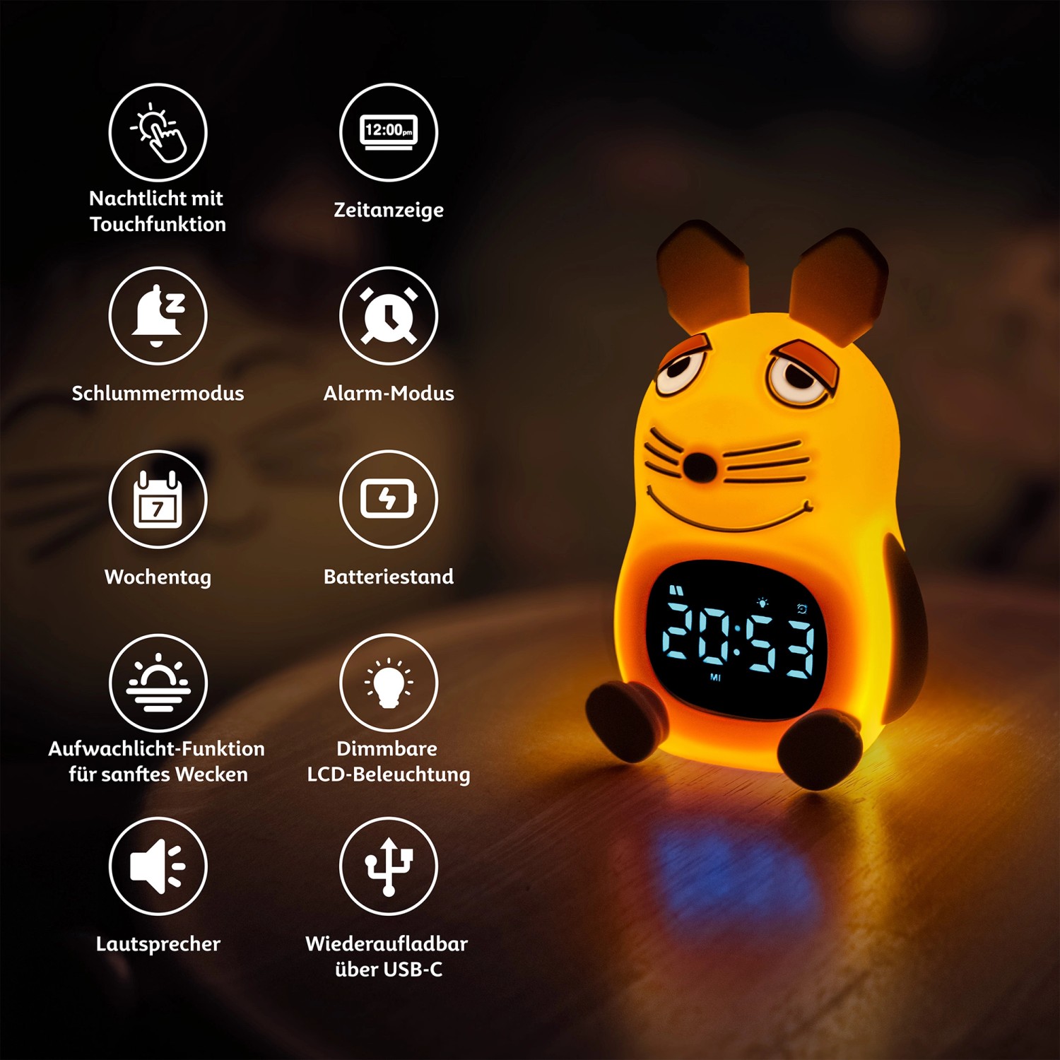 Orangefarbener DieMaus Lichtwecker im Maus-Design für Kinder mit digitaler Zeitanzeige.