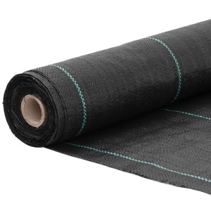 Schwarzes vidaXL Unkrautvlies (1,5x150 m) auf Rolle mit grünen Markierungsstreifen.