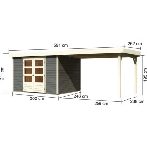 Karibu Holz-Gartenhaus Boras, terragrau, mit Flachdach und Anbau, Maße: 298x242 cm.
