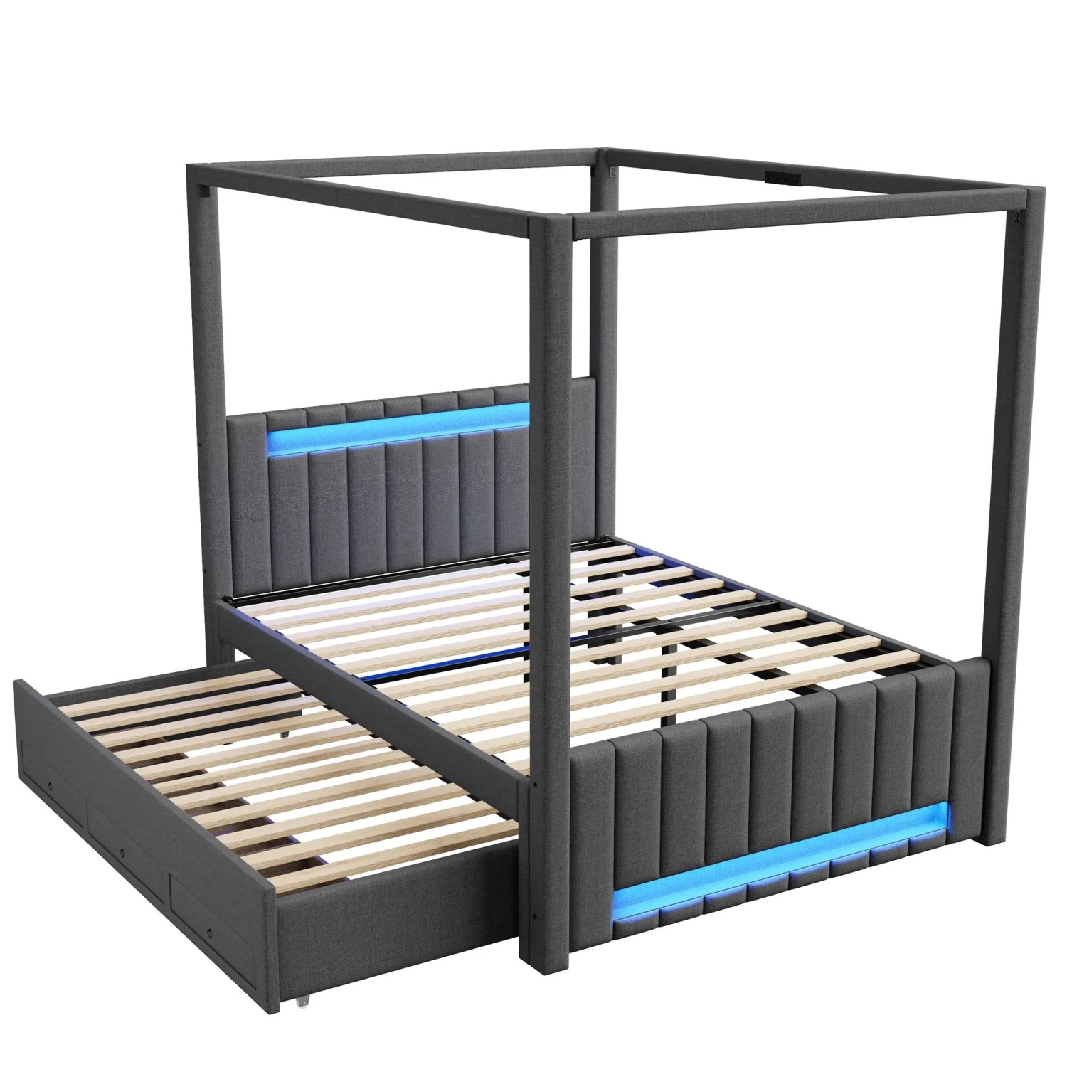 Merax Polster Himmelbett 140x200 cm Mit Ausziehbett 3 Schubladen LED Grau