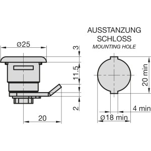 Technische Zeichnung: Basi Hebelschloss HS 328 für RENZ Briefkästen ab Bj. 1990, Maße und Details.