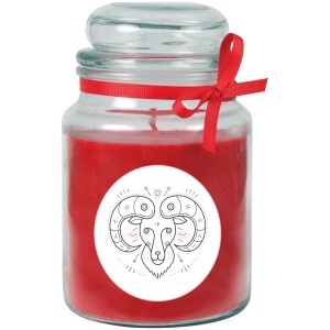 Rote Duftkerze im Glas mit Sternzeichen Widder und roter Schleife. Stumpenkerze für gemütliche Atmosphäre.