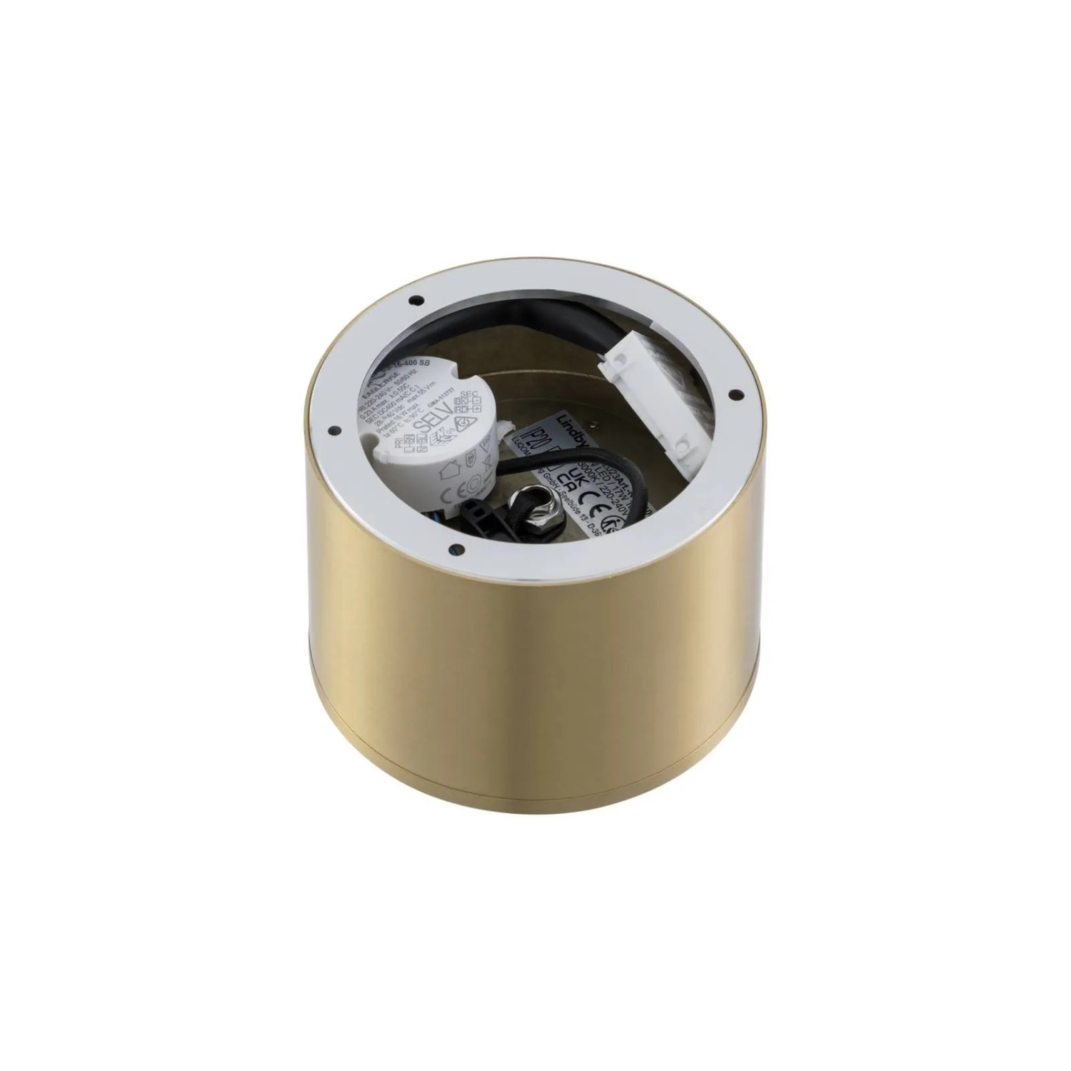 Lindby LED Deckenlampe Nivoria, goldfarbenes Aluminium, runde Form, Rückseite mit Montageelementen.