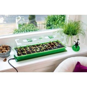 Romberg Heizmatte 60x15 cm mit Anzuchtschale und Pflanzen auf einer Fensterbank.
