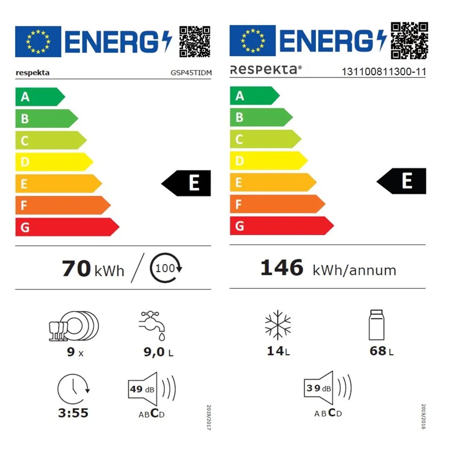 Energieeffizienzlabel für Respekta Küchengeräte: Geschirrspüler (E) & Kühlschrank (E).