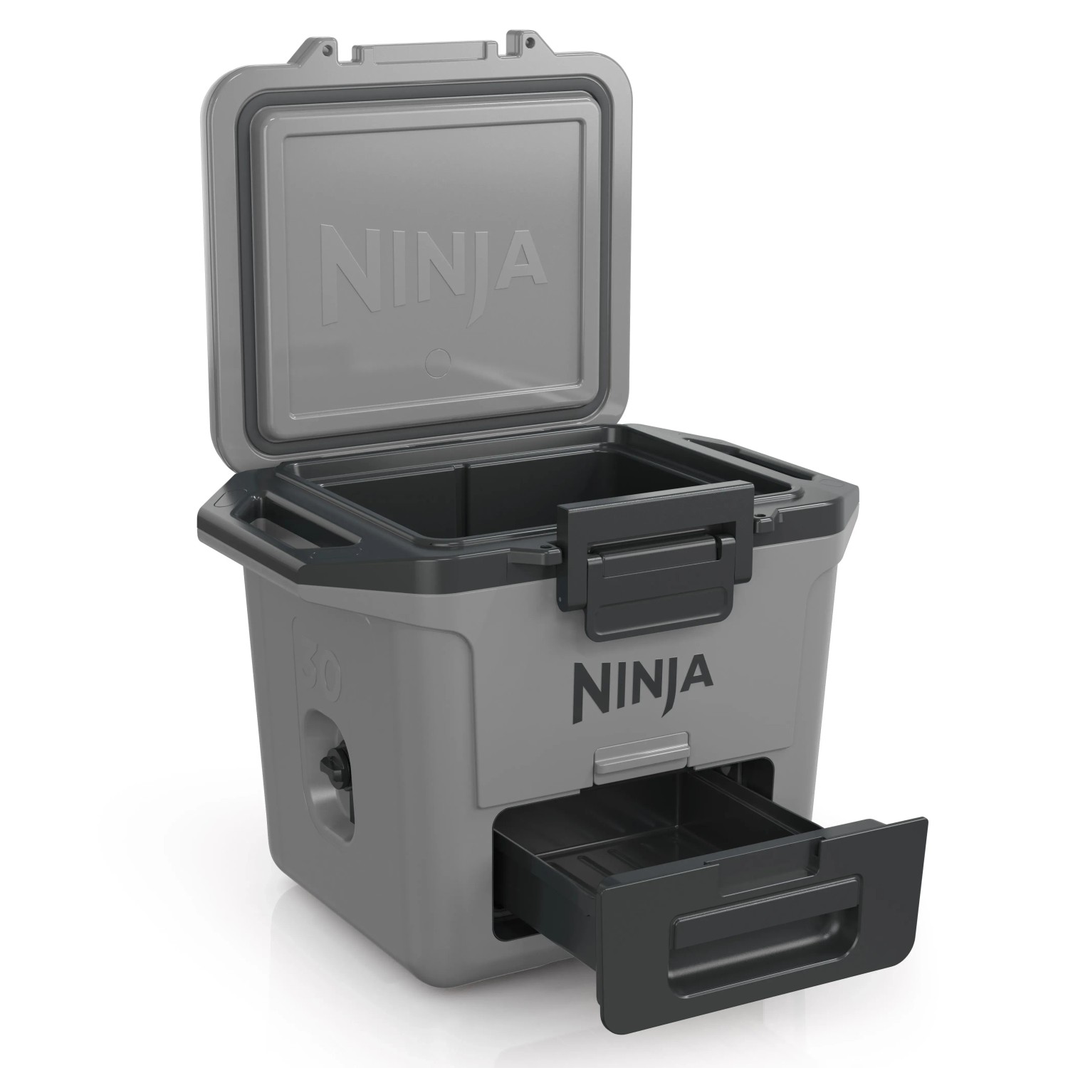 Geöffnete, graue Ninja Kühlbox FrostVault 28 l mit Trockenzone.