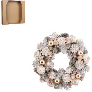Goldener Kranz (Ø 34 cm) aus Naturmaterialien, geschmückt mit Kugeln und Zapfen.