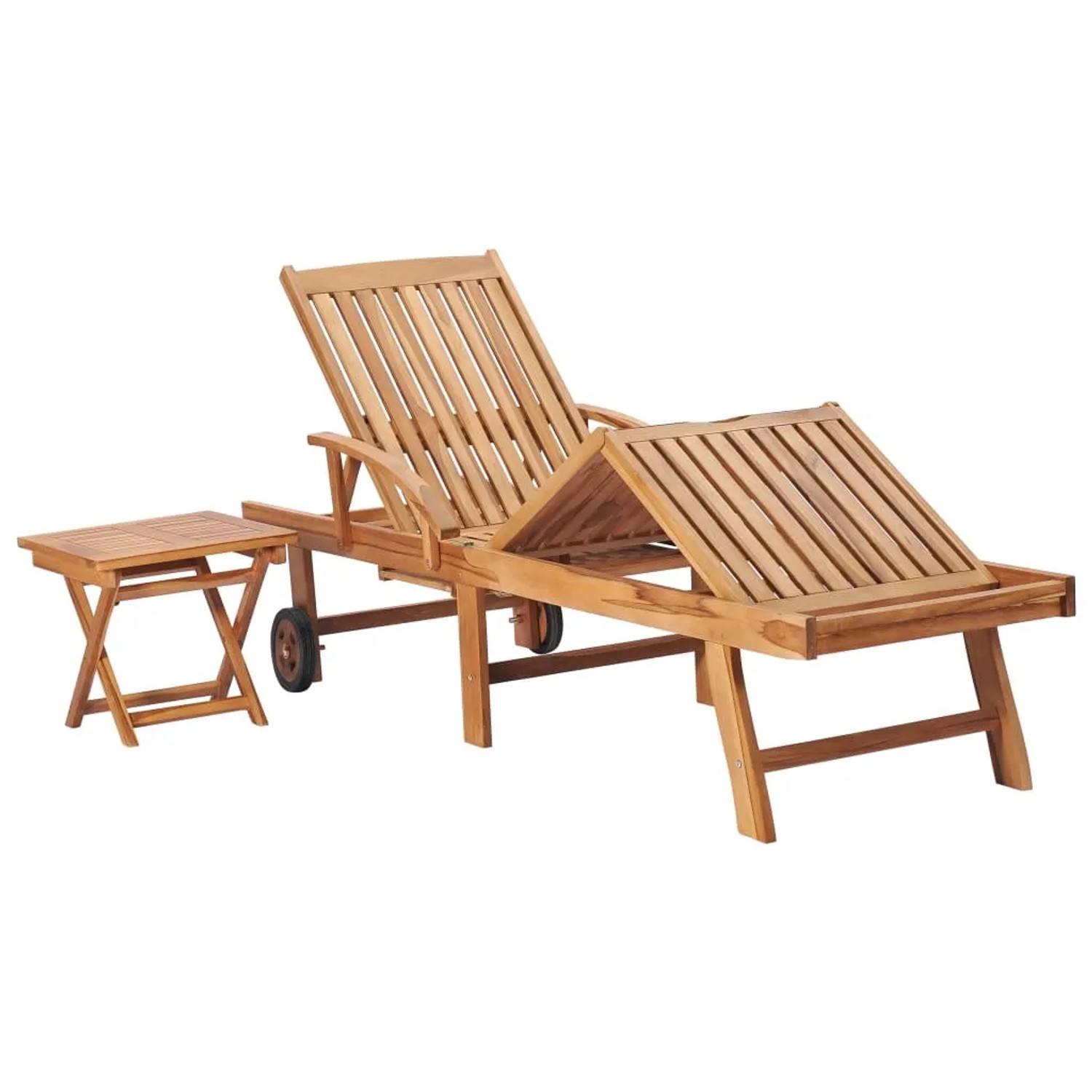 Sonnenliege mit Tisch und anthrazitfarbener Auflage aus Teak Massivholz für Garten und Terrasse.
