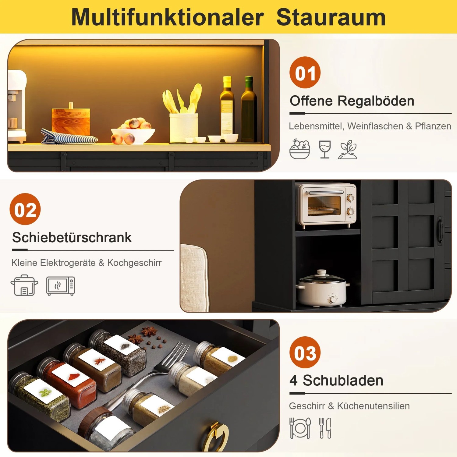 Merax Sideboard 150x120 cm LED Steckdose Weinregal 4 Schubladen Bar_10