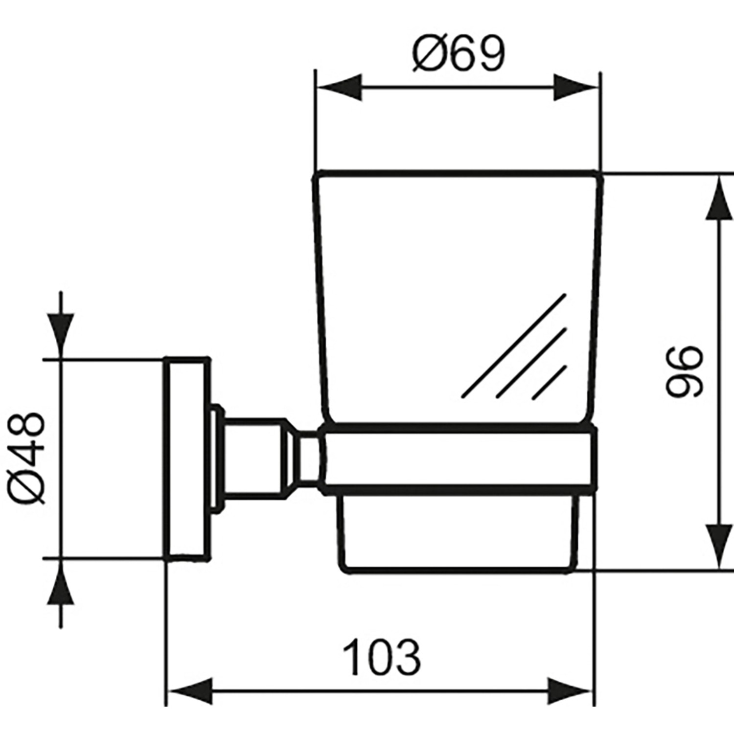 Technische Zeichnung Ideal Standard IOM Zahnputzbecher, Glas schwarz, wandhängend, mit Maßen.