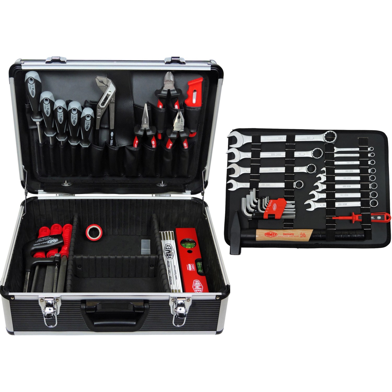 Famex Werkzeugkoffer Universal 749-88, gefüllt mit Werkzeugen wie Hammer, Schraubenschlüssel, Zangen und Schraubendrehern.