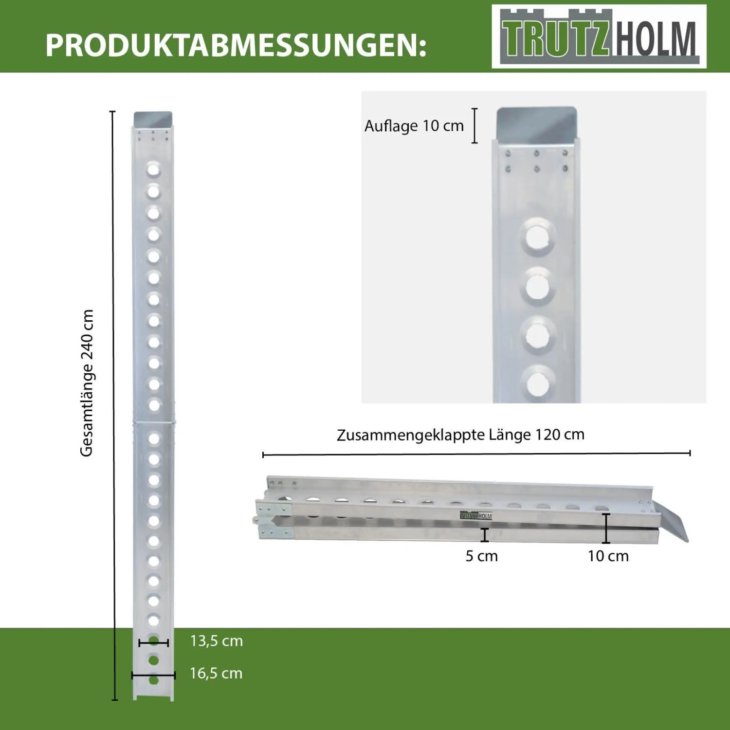 TRUTZHOLM Auffahrschiene, klappbar, 240 cm, mit Maßangaben zu Länge, Breite und Höhe.