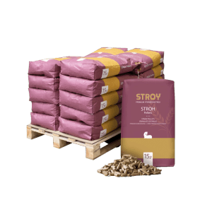 Palette mit 20 lila-goldenen Säcken STROY Strohpellets Einstreu 15kg für Pferdepflege, daneben offener Sack und Pellets.