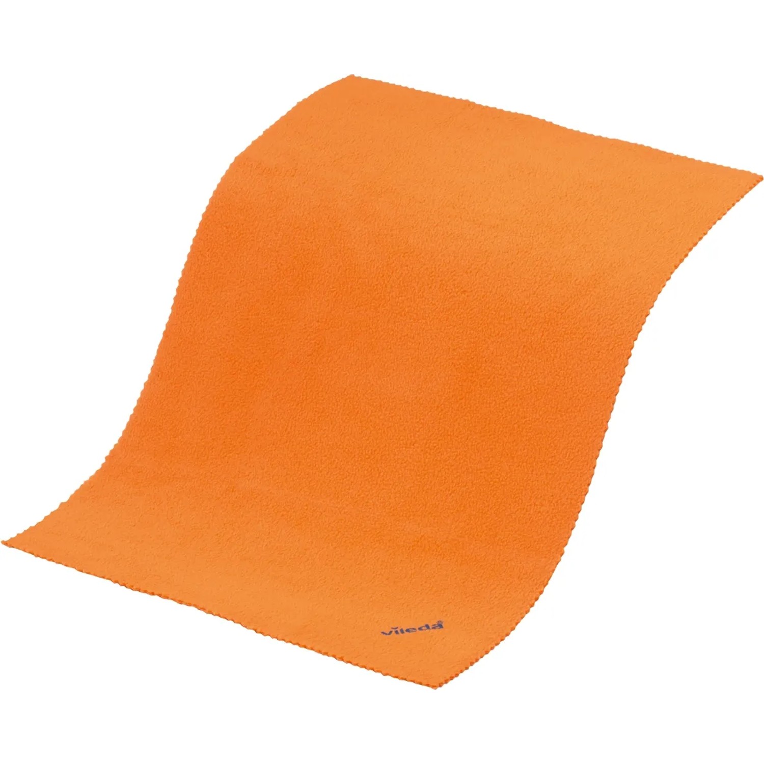 Orangefarbenes Vileda Mikrofaser Staubtuch für die trockene Reinigung.
