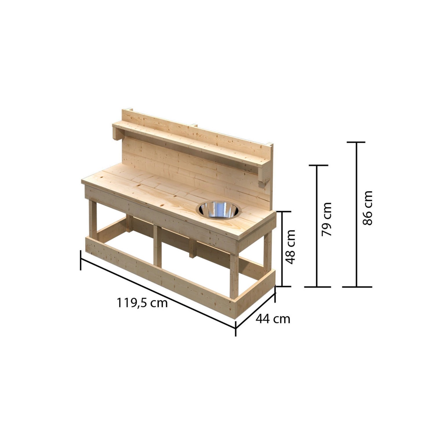 Karibu Matschküche Sandy, naturbelassen, mit Topfset. Holzspielküche für Kinder, Outdoor geeignet.