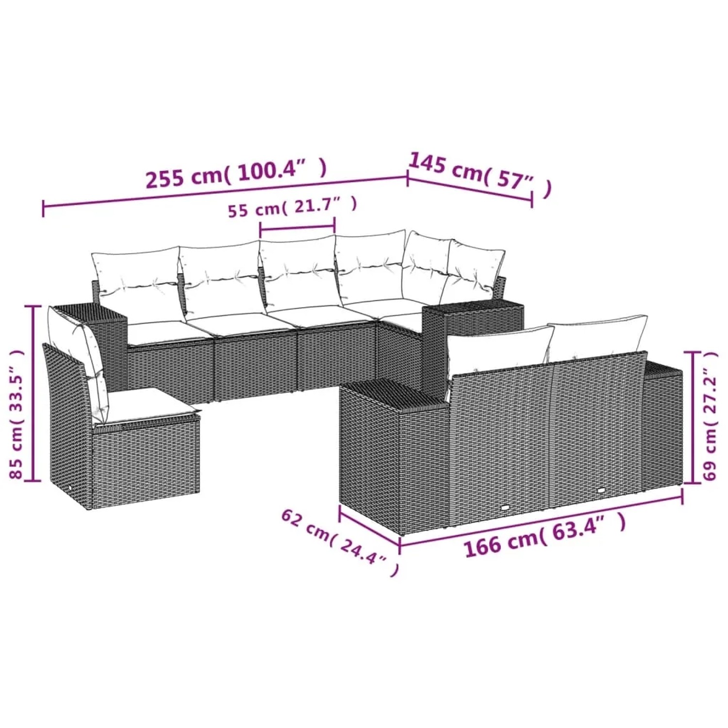 vidaXL 8-tlg. Garten-Sofagarnitur Beige Poly Rattan mit Kissen, Maße eingezeichnet.