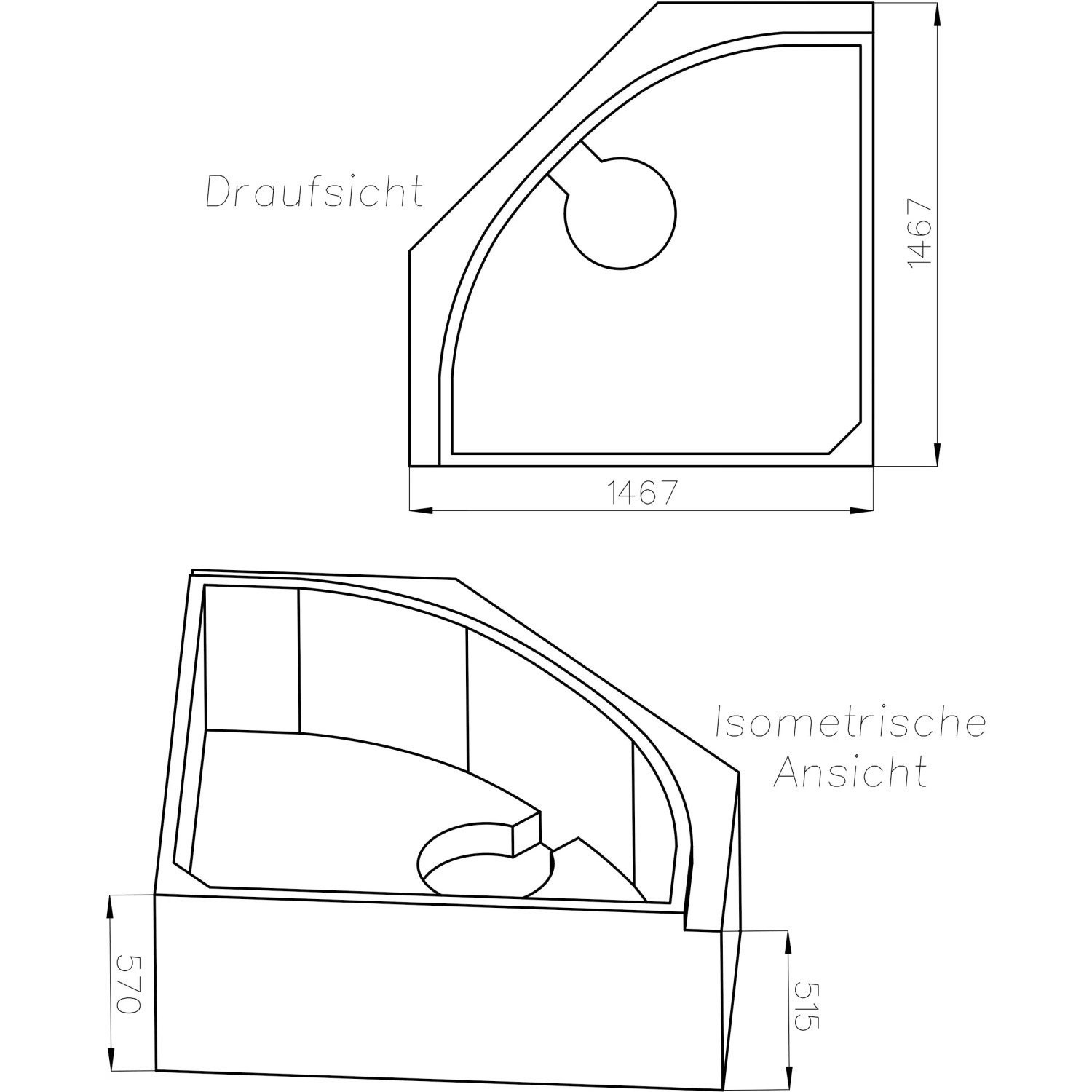 Technische Zeichnung Ottofond Wannenträger Siam mit Maßen in Draufsicht und isometrischer Ansicht.