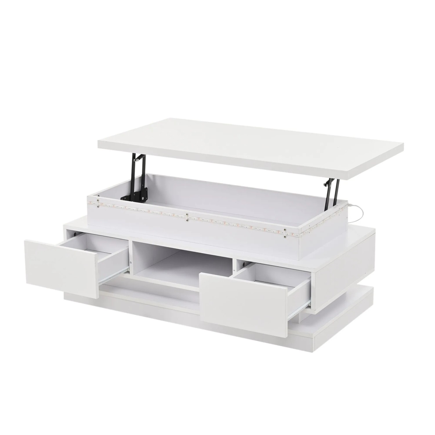 ModernLuxe Couchtisch Hochglanz Höhenverstellbar mit 2 Schubladen LED Spanplatte Weiß