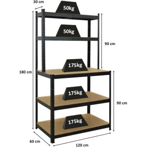 PROREGAL Packtisch GIANT BEAST, 180x100x60cm, mit 5 Ablagen und schwarzem Metallgestell.