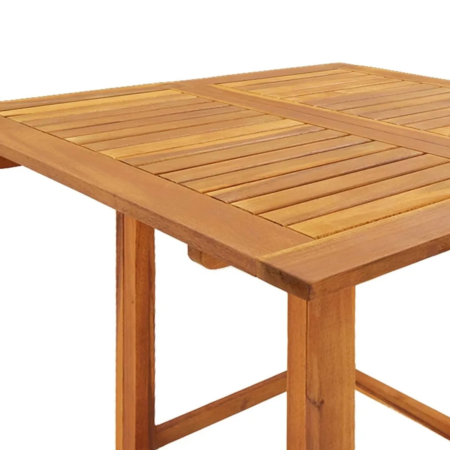 Quadratischer Bistrotisch aus Akazienholz, geölt, für Garten und Terrasse.