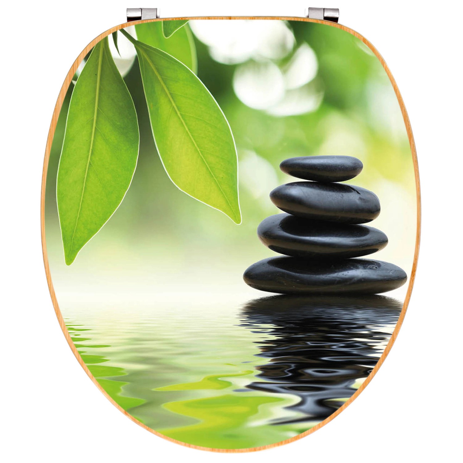 Banjado WC-Sitz Bambus mit Steine&Relax Motiv. Toilettendeckel aus Holz mit Universal Scharnieren.