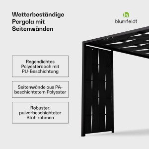 Schwarze Blumfeldt Shade Cove Pergola 3x3m mit Seitenwänden aus pulverbeschichtetem Stahl.