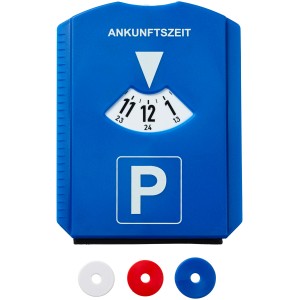 Blaue Parkscheibe mit Eiskratzer und Abstreiflippe für Autos.