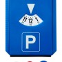 Blaue Parkscheibe mit Eiskratzer und Abstreiflippe für Autos.