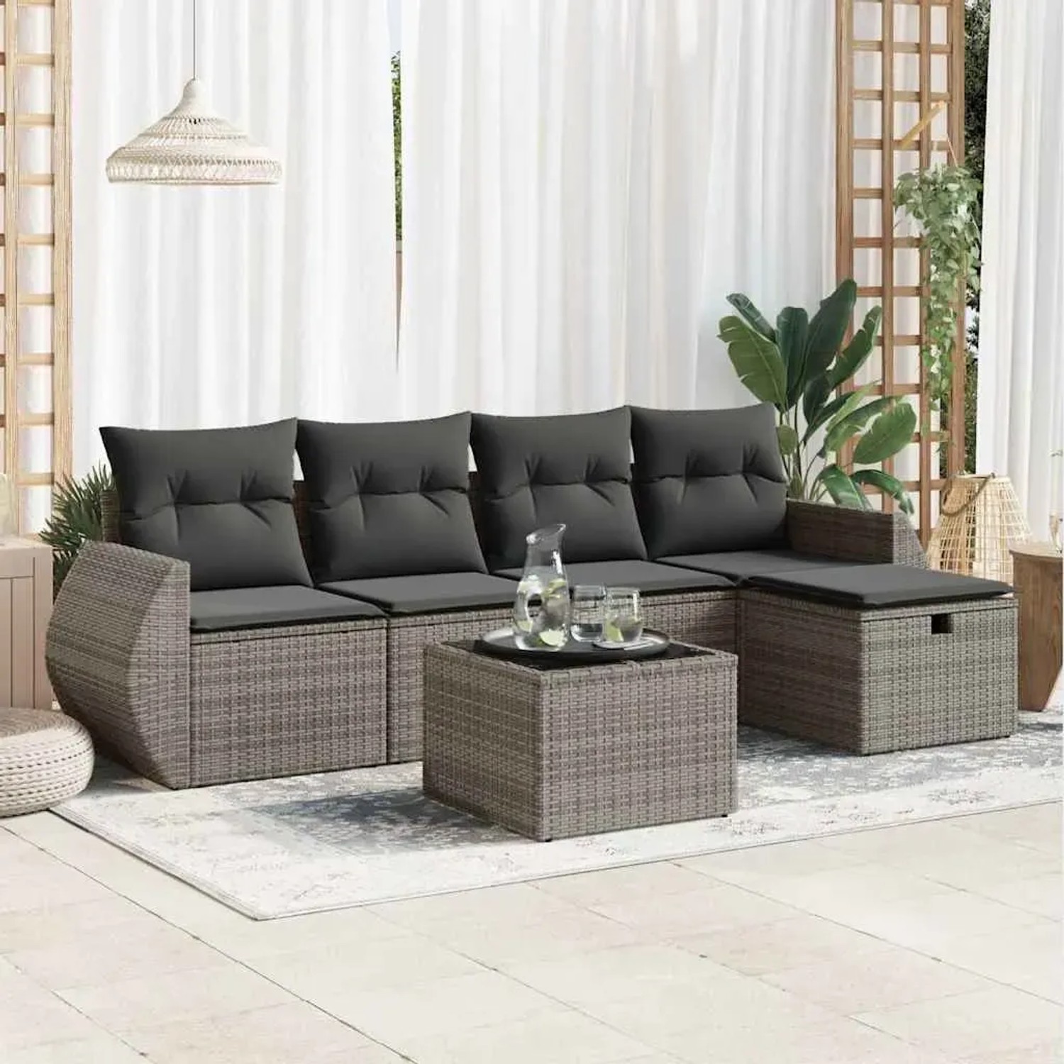Graue 6-tlg. vidaXL Garten-Sofagarnitur aus Rattan mit Kissen und Tisch für Terrasse oder Garten.